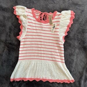easel Pink & Cream Striped Knit Ruffle Sleeve Top Boutique NWT